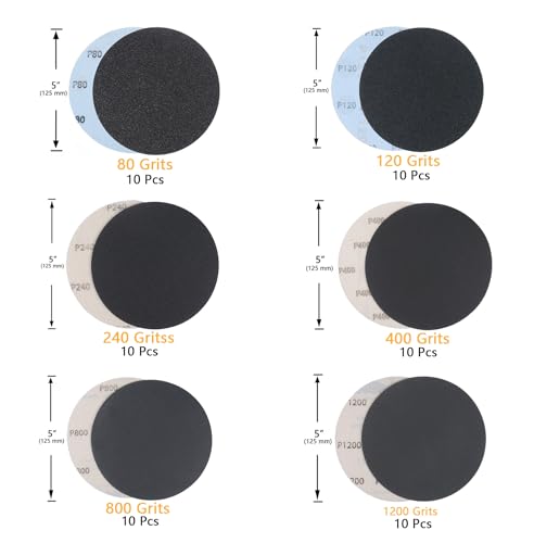 6 Specifications 60 Pcs 5 Inch Wet and Dry Hook and Loop Sanding Discs Sandpaper for Random Orbital Sander, 80/120/240/400/800/1200 Grit - style: Mixed Packing 6-10W