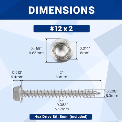 #12 x 2 Hex Flange Head Wood Screws, 410 Stainless Steel Self Tapping Screws, Hex Bit Included (50-Pack) - size: #12 x 2"