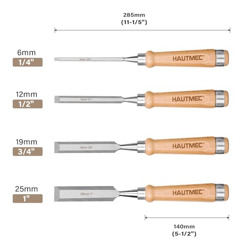 HAUTMEC Long Wood Chisel Set for Woodworking, 4-Piece Professional Wood Chisels with 60CR-V Steel Blades and Beech Handles for Carpenters, Framing & Mortise (1/4", 1/2", 3/4", 1")