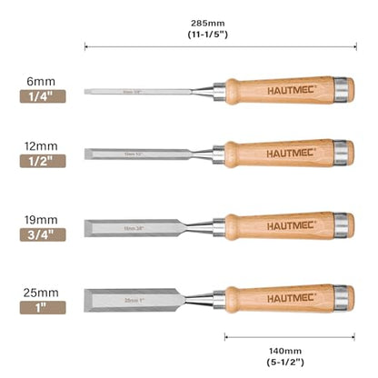 HAUTMEC Long Wood Chisel Set for Woodworking, 4-Piece Professional Wood Chisels with 60CR-V Steel Blades and Beech Handles for Carpenters, Framing & Mortise (1/4", 1/2", 3/4", 1")