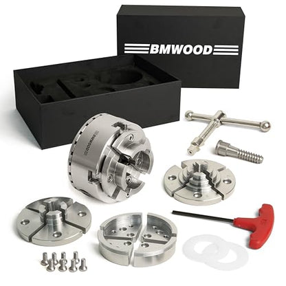 CK100/S2 3.75" 4-Jaw Key woodturning Chuck with four set jaws, Wood Screw, Two Nylon Rings in Black Box for wood lathe. - color: Ck100/S2 3.75” Chuck Set