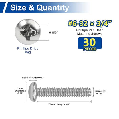 30 Sets #6-32 x 3/4" Pan Head Machine Screws Nuts Washers Assortment Kit - size: #6-32 x 3/4"