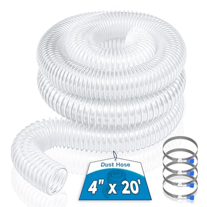 Hon&Guan 4" x 20' Dust Collection Hose, 4 Inch Flexible Clear PVC Dust Collector Hose with Carbon Steel Wire for Woodworking Dust Collecting System, Includes 4 Hose Clamps - size: 4" x 20'