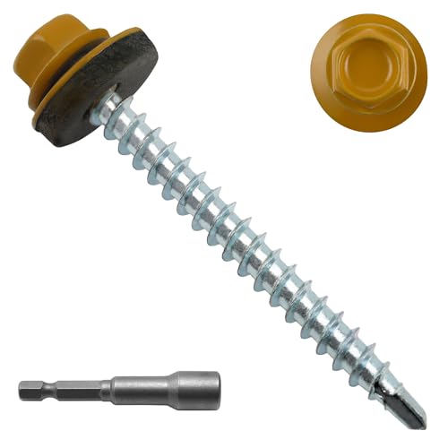 JEGONFRI 200PCS #10 x 2 Yellow Hex Head Self-Drilling Metal Roofing Screws - color: Yellow, size: 2 in