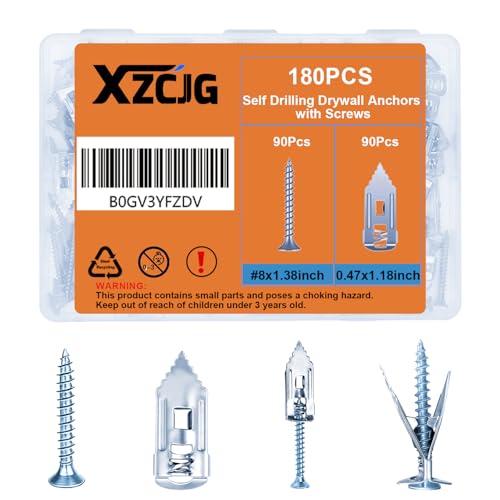 Self Drilling Drywall Anchors with Screws for Shelf, Mirror,Picture Frames - color: Silver-180Pcs-35mm