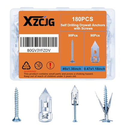 Self Drilling Drywall Anchors with Screws for Shelf, Mirror,Picture Frames - color: Silver-180Pcs-35mm