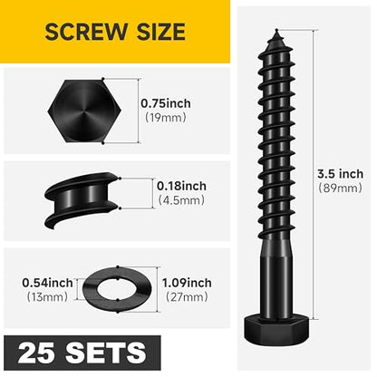 Mywish (25Sets) 1/2" x 3-1/2" Lag Bolts, 304 Stainless Steel 1/2 inch Lag Screws Bolts for Wood, Heavy Duty Hex Head with Flat Washers Bolt Kit, Black Oxided - size: 1/2 x 3-1/2"
