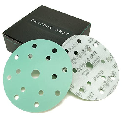 Serious Grit - 6-Inch 15-Hole P400 Grit Sanding Discs - 50 Pack Box - size: 400 Grit