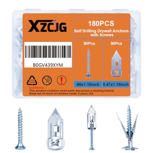 Self Drilling Drywall Anchors with Screws for Shelf, Mirror,Picture Frames - color: Silver-180Pcs-30mm