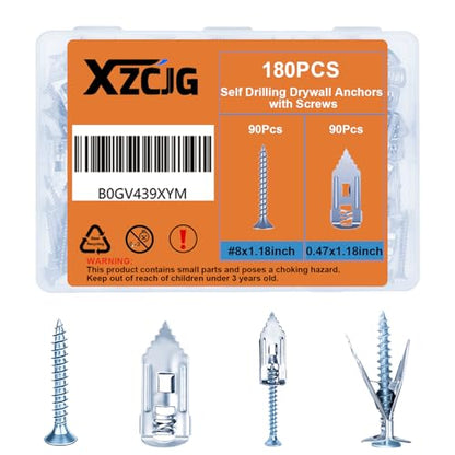 Self Drilling Drywall Anchors with Screws for Shelf, Mirror,Picture Frames - color: Silver-180Pcs-30mm