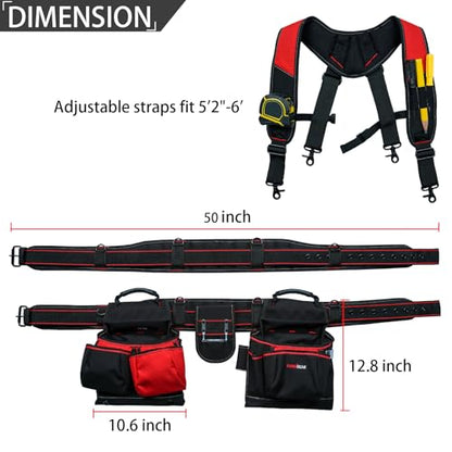 KUNN Tool Belt with Suspenders - Pro Framer Belt/Suspenders Combo Apron(Removable Pouch and Waist Belt) with Multiple Pockets & Hammer Holder for Carpenter,Construction and Electrician,Red