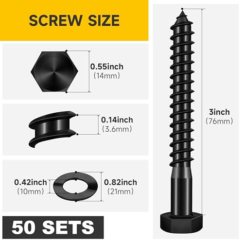 Mywish (50Sets) 3/8" x 3" Lag Bolts, 304 Stainless Steel 3/8 inch Lag Screws Bolts for Wood, Heavy Duty Hex Head with Flat Washers Bolt Kit, Black Oxided - size: 3/8 x 3"