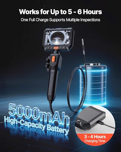 VEVOR Articulating Borescope with 0.15" Ultra Slim Lens, Two-Way Articulated Endoscope with Light, 5" HD IPS Screen, 8X Zoom, 5000mAh Inspection Camera for Auto, Tight Mechanical Spaces - size: 0.15-inch Probe