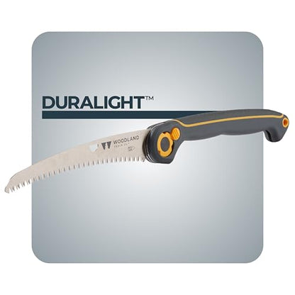 Woodland Tools Duralight Folding Saw – Curved Pruning Saw with Hardened Steel Blade, 3-Position Lock, Soft Grip Handle – Manual Tool for Tree Trimming, Branch Cutting, and Yard Work - style: Compact Duralight Folding Saw