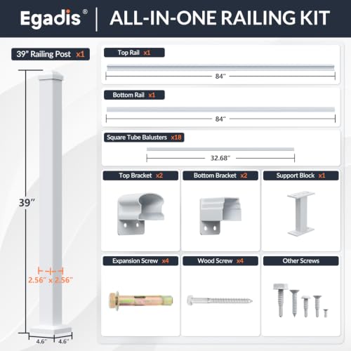 Egadis 36 in x 7 ft Modular Aluminum Porch and Deck Railing Kit, White - color: Level 7ft-1 Post 1 Panel