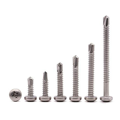 #7 x 5/8" (100 pcs) Pan Head Self Drilling Screws for Metal, Phillips Drive Self Tapping, Sheet Metal Tek Screws, 410 Stainless Steel, Full Thread, No Pre-drilled Needs - size: #7 x 5/8"