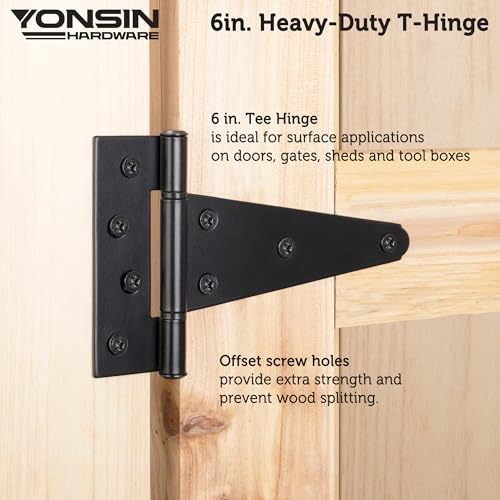 6" T-Strp Shed Door Hinges, 2 Pcs Switch Silently, Heavy Duty Black Tee Hings for Wooden Fence Gate, Outdoor T Hinges - size: 6 Inch