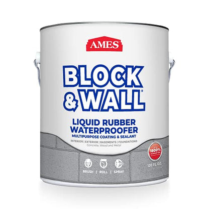Ames Block & Wall™ Liquid Rubber Waterproofer Multi-Purpose Coating & Sealant - 1 Gallon - Perfect to Use As Concrete Sealer and Waterproofer for Basements and Foundations - Made in The USA, White - size: 1 Gallon