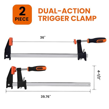 TACTIX 36" Steel Bar Clamps Set, 2-pack Quick-Release F Clamp with 2.4" Throat, 660 lbs Steel F Clamp for Woodworking, Metalworking, DIY - size: 36in