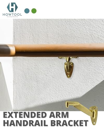Heavy Duty Brass Plated Zinc Handrail Brackets Extended Neck Wall Mount Design Includes Screws for Stair Railing Support 2 Pack | HOWTOOL