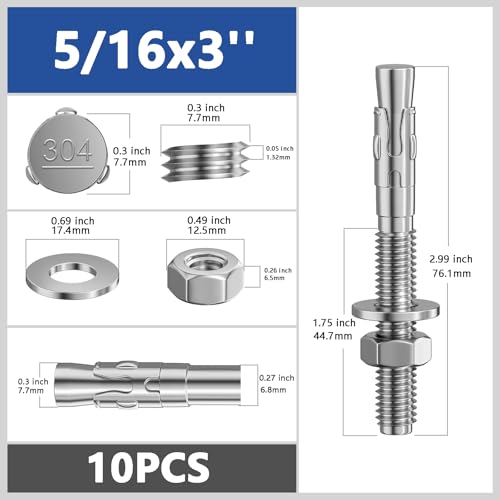 Wensilon 10Pcs 5/16x3 Inch Standard Fasteners for Heavy-Duty 304 Stainless Steel Wedge Anchors for Cement and Concrete - size: 5/16x3"