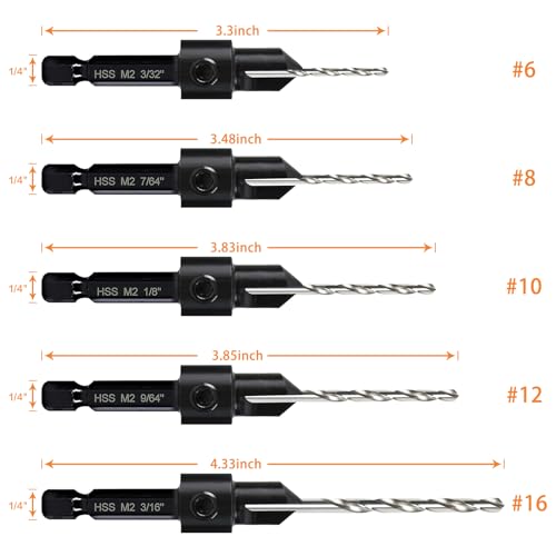 5-pc Woodworking Countersink Counterbore Drill Bit Set 3in1 for #6 8 10 12 16 Screws, M2 Pilot Drill Bits Adjustable Depth, 82-Degree Chamfer with Stop, 1/4” Hex Shank, Includes 2 Allen Wrenches - size: 5Pack Countersink Drill Bits