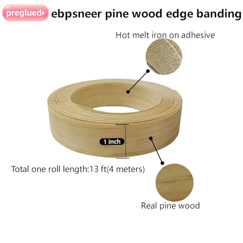 Real Pine Wood Veneer Edge Banding Tape,1''×13' Preglued Iron On Edging Band Roll with Self Hot Melt Adhesive, Prefinished Flexible Edgebanding Strip for Laminate Furniture Cabinet Repair - style: Pine