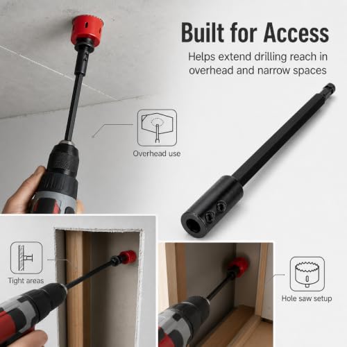 QWORK 12-Inch Hole Saw Extension, 1/2 Inch Hex Shank Drill Bit Extension – Heavy Duty Reach for 3/8" to 7/16" Arbors – Deep Hole Drilling in Wood, Metal & Masonry