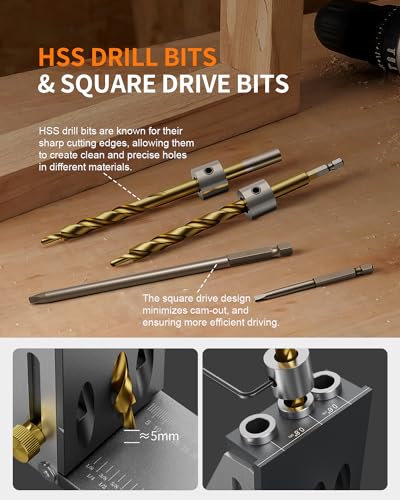 Kolvoii Pocket Hole Jig Kit, Adjustable Drill Guide, 1/2 to 3-1/8 in