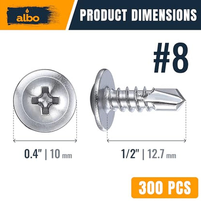 ALBO 300 PCS, #8 x 1/2" Stainless Steel Self Tapping Screws, 410 Stainless Truss Head Sheet Metal Screws, Self Drilling Screws for Steel & Aluminum, Magnetic Fasteners - color: Silver, size: #8 x 1/2"