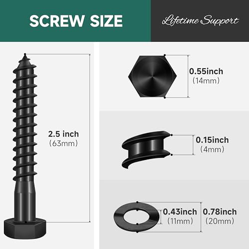 (10Sets) 3/8" x 2-1/2" Hex Head Lag Bolts, Heavy Duty Lag Screws with Washers, 304 Stainless Steel, 3/8 Bolt for Wood, Partial Thread, Black Oxide - size: 3/8" x 2-1/2"