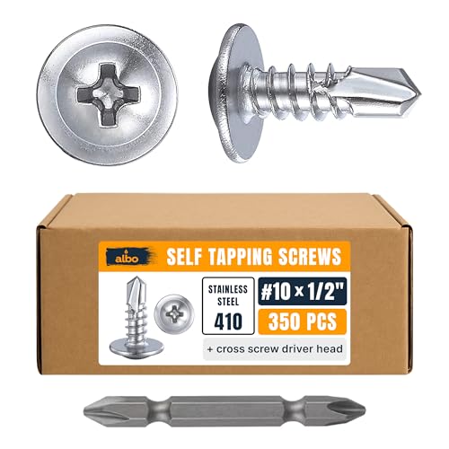 ALBO 350 PCS, #10 x 1/2 Stainless Steel Self Tapping Screws, 410 Stainless Truss Head Sheet Metal Screws, Self Drilling Screws for Steel & Aluminum, Magnetic Fasteners - color: Silver, size: #10 x 1/2"