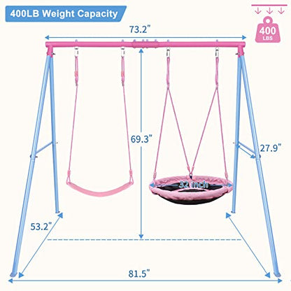 Lunafun Swing Set, 440lbs, Heavy-Duty A-Frame Metal Outdoor SwingStand, 1 Saucer & 1 Belt Swing seat for Playground, Backyard Pink - color: Pink