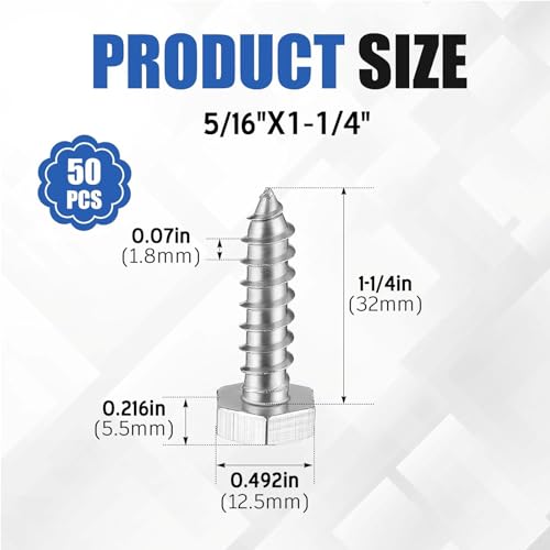 Zonon 50 Pcs 5/16" X 1-1/4" 304 Stainless Steel Lag Screw for Wood, Silver - color: Silver, size: 5/16" X 1-1/4"