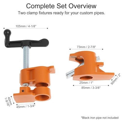 QWORK 3/4 Inch Pipe Clamps for Woodworking, 2 Pack Heavy Duty Cast Iron Pipe Clamps Fixture for Wood Gluing, Adjustable Jaw Clamp Tools for Carpenter and DIY Projects