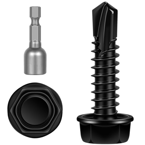 #10 x 1 Hex Washer Head Self Tapping Screws, TEK Screws, Self Drilling, Stainless Steel 410 Sheet Metal Screws, Black Finish, 100 PCS - color: Black, size: #10 x 1"
