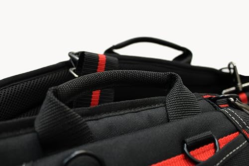 28-Pocket Tool Belt with Suspenders & Phone Holder – Heavy Duty Framer’s Rig Tool Apron for Electricians, Carpenters, Technicians – Adjustable Work Belt with Magnetic Tool Holder – Black/Red
