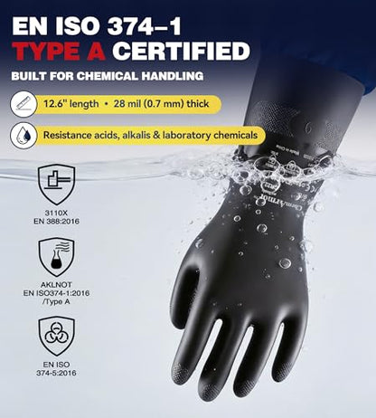 AnTools 2 Pairs Heavy-Duty Chemical Resistant Rubber Gloves, Protective Industrial Gloves for Cleaning, Dishwashing, Resist Acid, Alkali, Hazmat, Black, Large