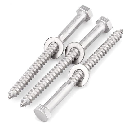 8-Sets 3/8 x 4 Hex Head Lag Screws & Flat Washers, Heavy Duty Lag Wood Screws, 304 Stainless Steel (18-8), 3/8" Bolt - size: 3/8 x 4