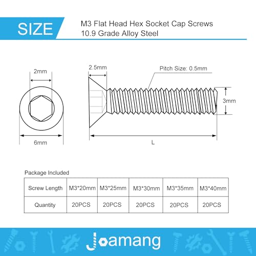 M3 x 20mm 25mm 30mm 35mm 40mm Flat Head Hex Socket Cap Screws Countersunk Bolts, 10.9 Grade Alloy Steel, Black Oxide Finish, Metric Allen Hex Drive, Fully Threaded, Assortment Kit 100Pcs - size: M3x20/25/30/35/40 mm