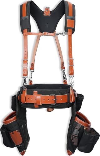 WELKINLAND Top-Grain Leather Tool Belt With Suspenders, Leather Tool Belt