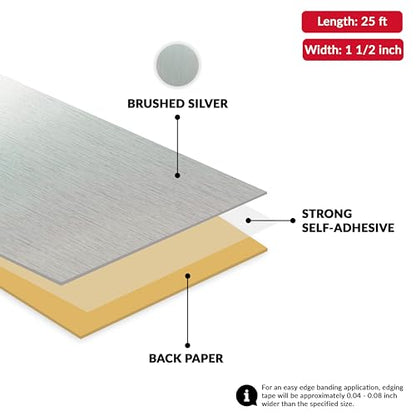 Brushed Silver PVC 1 1/2 in x 25 ft Edge Banding Peel Stick Tape Adhesive Metal Edging Veneer Aluminum Trim Flexible Strip Molding Mdf Wood Cabinet Laminate Shelf Furniture Countertop Formica Plywood - color: Brushed Silver, size: 1-1/2 inch x 25 ft