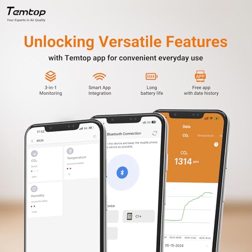 Temtop C1+ Smart Indoor Thermometer Hygrometer with Bluetooth and APP - size: C1+-Temp/Humidity/CO2/AQI