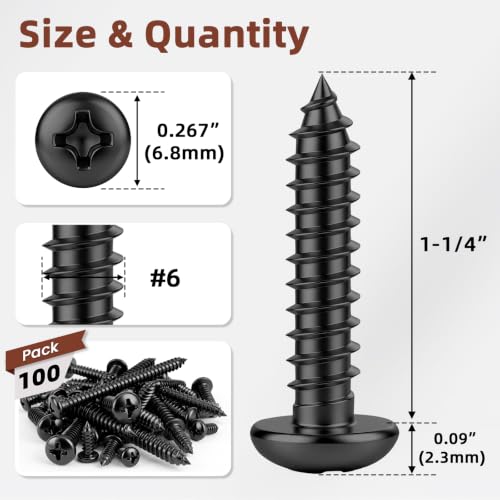Mellewell #6 x 1-1/4" Pan Head Self Tapping Screw, Pan Head Sheet Metal Screws Wood Screws, Black Finish Stainless Steel 304 (18-8), 100 Pack - color: Black, size: #6 x 1-1/4"