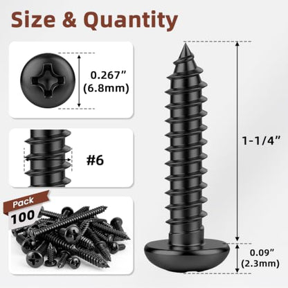 Mellewell #6 x 1-1/4" Pan Head Self Tapping Screw, Pan Head Sheet Metal Screws Wood Screws, Black Finish Stainless Steel 304 (18-8), 100 Pack - color: Black, size: #6 x 1-1/4"