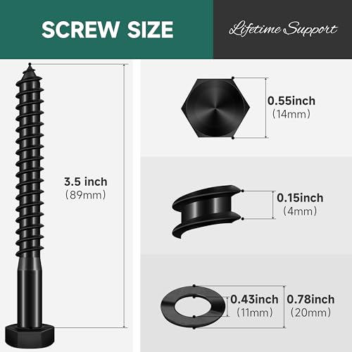 (10Sets) 3/8" x 3-1/2" Hex Head Lag Bolts, Heavy Duty Lag Screws with Washers, 304 Stainless Steel, 3/8 Bolt for Wood, Partial Thread, Black Oxide - size: 3/8" x 3-1/2"
