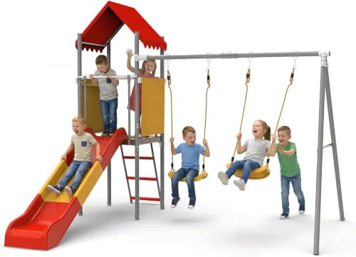 Mersco Playground Sets for Backyards, 440lbs Metal Heavy Duty Sturdy Swing Set with Slide & 2 Swing Seats, Upper Deck with Canopy, Outdoor Swing Sets for Backyard, for Kids