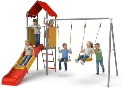 Mersco Playground Sets for Backyards, 440lbs Metal Heavy Duty Sturdy Swing Set with Slide & 2 Swing Seats, Upper Deck with Canopy, Outdoor Swing Sets for Backyard, for Kids
