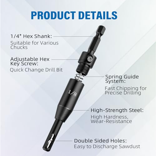 BURMONG 6-Piece Self Centering Drill Bit Set, Durable HSS VIX Bit with Hex Key, 3/32”, 7/64”, 1/8” Center Drill Bits, 1/4 Inch Hex Shank for Drilling Holes & Installing Hinges