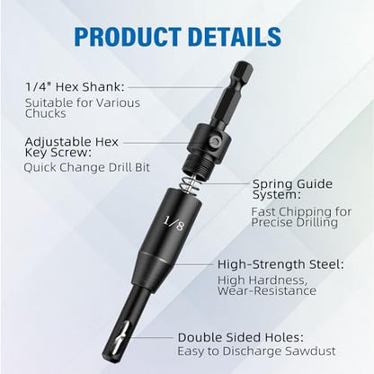 BURMONG 6-Piece Self Centering Drill Bit Set, Durable HSS VIX Bit with Hex Key, 3/32”, 7/64”, 1/8” Center Drill Bits, 1/4 Inch Hex Shank for Drilling Holes & Installing Hinges